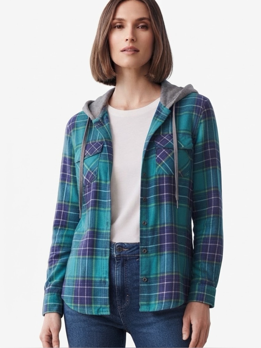NO BOUNDARIES TURQUISE/BLUES PLAID HOODED SHIRT